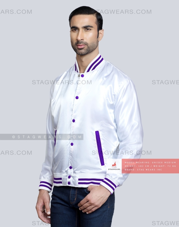 White Satin Baseball Jacket with Purple Pockets and Knit Lines