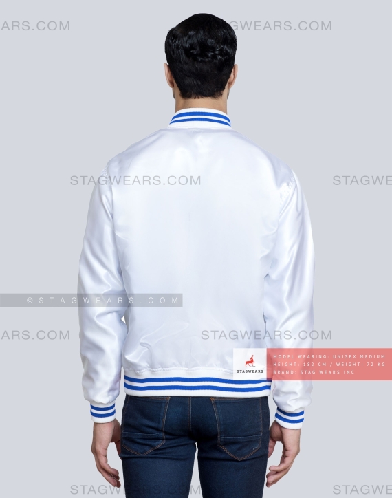 White Satin Baseball Jacket with Royal Blue Pockets