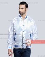 White Satin Baseball Jacket with Royal Blue pockets and Knit lines Casual