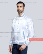 White Satin Baseball Jacket with Sky Blue pockets and Knit lines Front Side