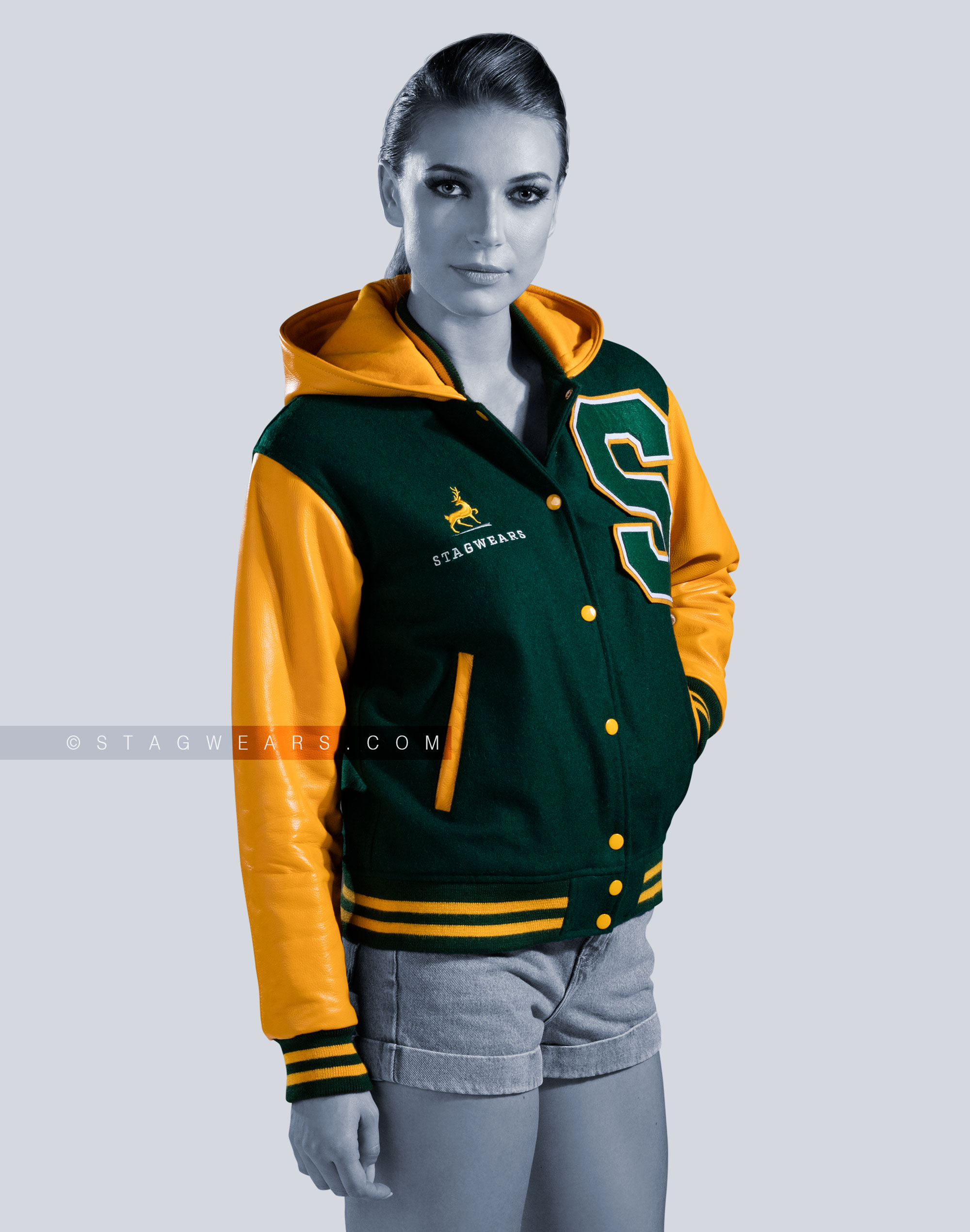 Letterman jacket with clearance hood