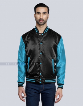 Black / Aqua-blue Satin Varsity Jacket 