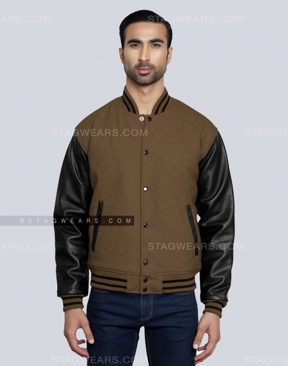 brown leather varsity jacket