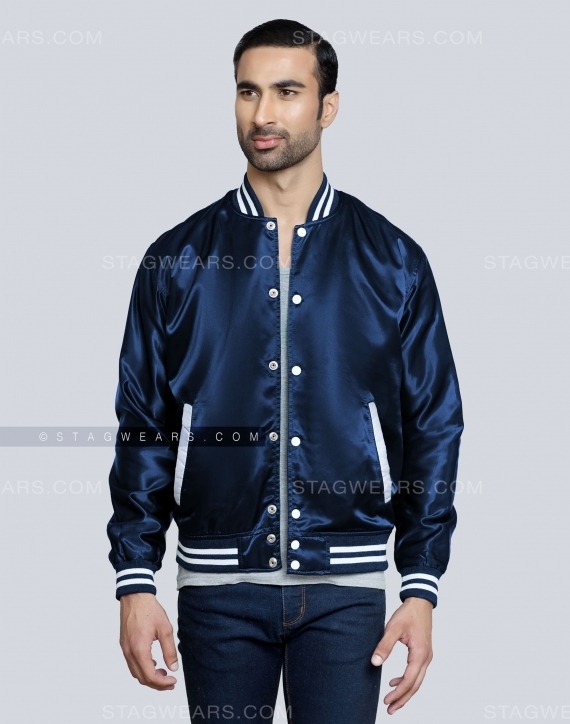 Mens Satin Varsity Jacket Navy Blue Get Ready For All Occasions